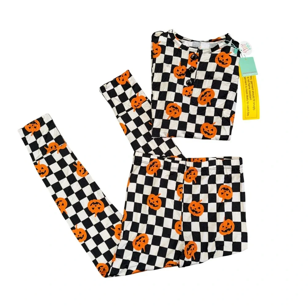 Gigi and Max Bamboo Pajamas Set Halloween‎ Jack O Lantern Checkered 6/7Y NEW